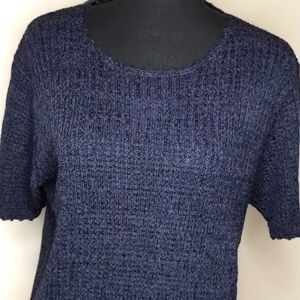 NWOT Bice Navy Blue crochet scoop neck short sleeve top Sz L